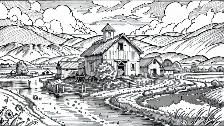 "illustration of a farm scene with a windmill on the left, barn on right, hills in the middle, cloud, the sun smiled, and rainbo...