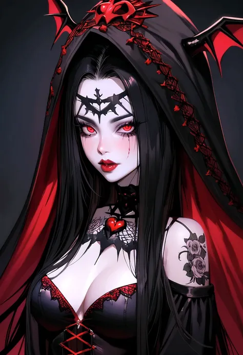 a close up of a woman with tattoos and a devil costume, beautiful necromancer girl, seductive cyberpunk dark fantasy, gothic horror vibes, beautiful necromancer, vampire girl, dark fantasy mixed with realism, demon girl, gothic art, gothic tattoos, gothic ...