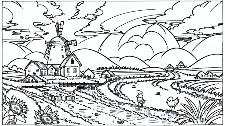 "illustration of a farm scene with a windmill on the left, barn on right, hills in the middle, cloud, the sun smiled, and rainbo...