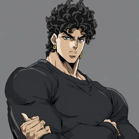 jojo style, part7, jojo's bizarre adventure, male, average height, anime, dark skinned, wavy hair, black sweatshirt, marked jaw,...