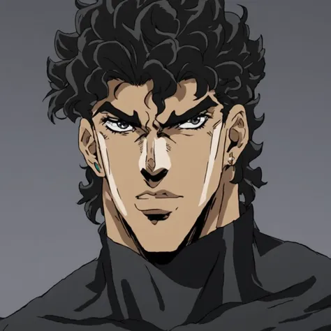 jojo style, part7, jojo's bizarre adventure, male, average height, anime, dark skinned, wavy hair, black sweatshirt, marked jaw,...