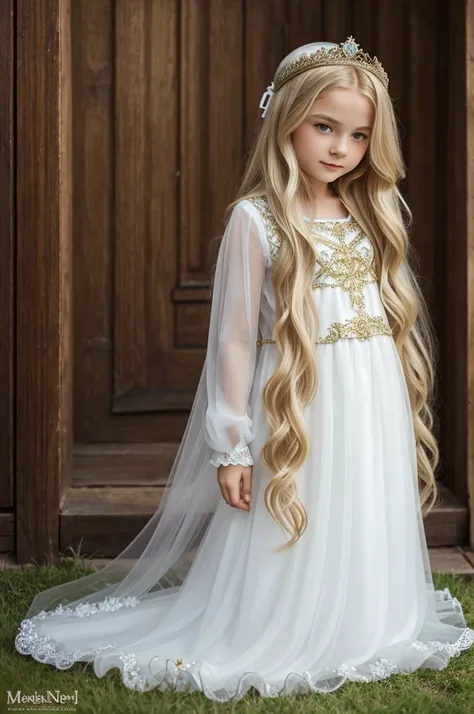 beautiful little medieval russian princess girl 14 year old, long blonde wavy hair, transparent white dress