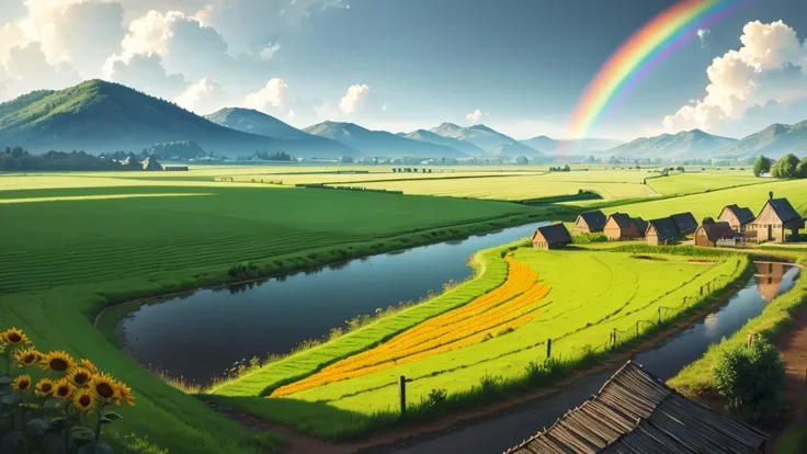 "illustration of a farm scene with a windmill on the left, barn on right, hills in the middle, cloud, the sun smiled, and rainbo...