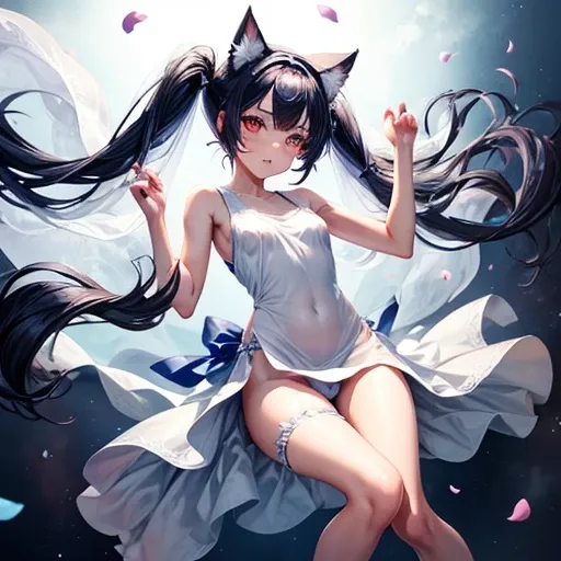 girl, Wearing a wedding dress, White Wedding Dress, Full body painting, slim, Long legs　Dark blue hair girl, Cat ears and tail, Wearing a tank top and racing pants.　Loli body type　　Twin tails　Female genitalia is visible　　Detailed depiction of female genita...