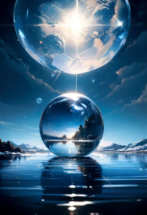 (A glass sphere depicting a soft winter sky over a frozen lake:1.2), (Silk glass sphere 1.1), Landscape Photography, Unsplash, Extremely detailed, High detail, Analog Film, Analog Lighting, nature光, 4k photos, 8K Photo, ハイパーrealism, Impressionism, Romantic...