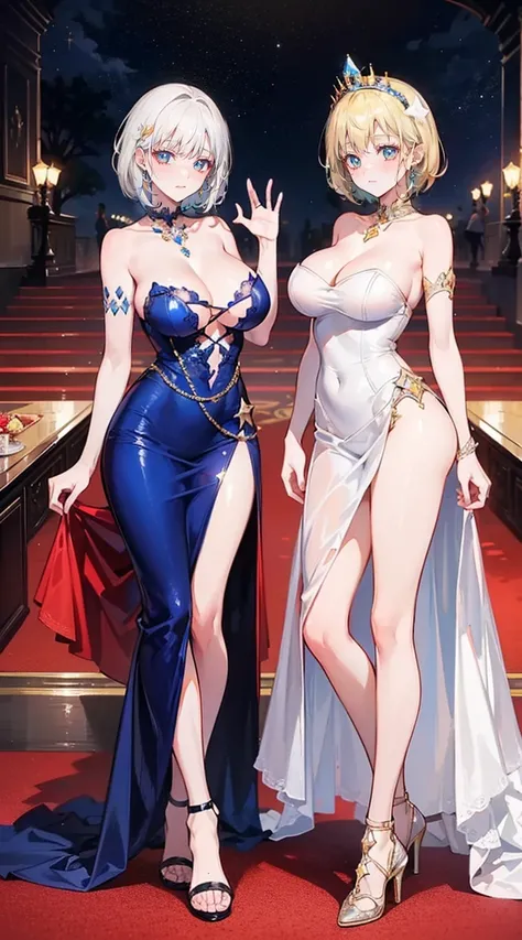 (2 young women ,Sesame girl)，(has short blonde hair)，nobility，(princess)，blue student，Tall figure，((Strapless dress))，low skirt，(Star evening dress)，Show your legs，Crystal heels，red carpet，prom website，(nobility)，(big tits),(Various poses),((Various color ...