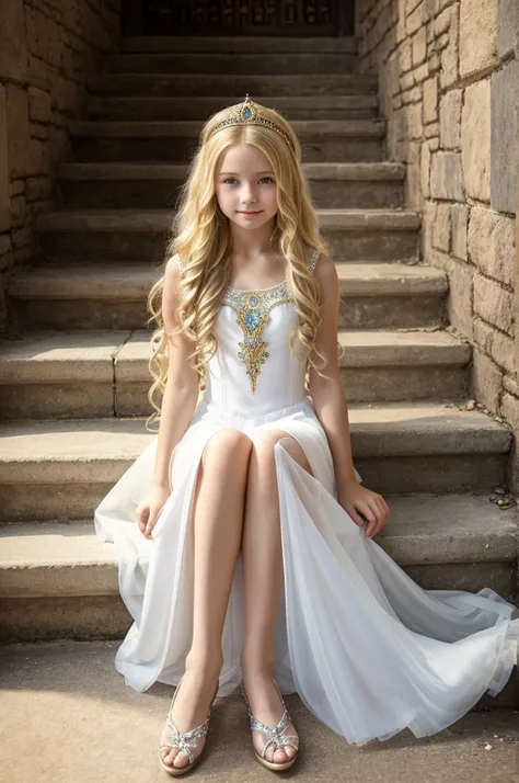 beautiful little medieval russian princess girl 13 year old, long blonde wavy hair, transparent white dress, nice legs, nice bottom, sittin o the stairs, very detail, close up.