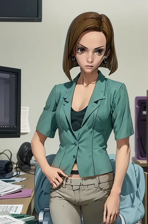 masterpiece, best quality, kinue, earrings, no shirt, short sleeves, capri pants, cowboy shot, sitting, desk, chair, office, loo...