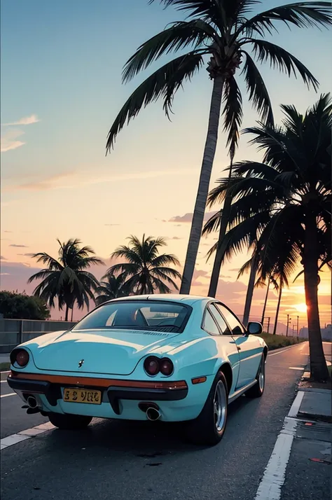  retro, miami, SUNSET, ferrari, palm tree, 90s, (flat-colors, flat texture, arte linear:1.2), graphic design, (heavy ink, black ink), 