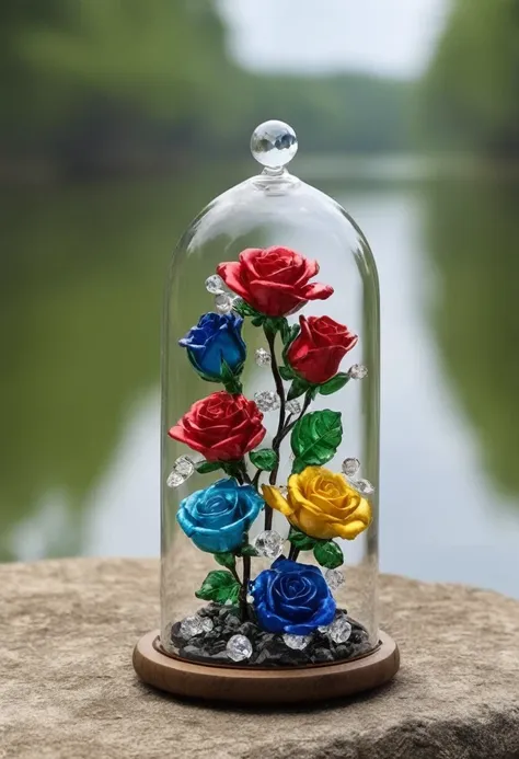 image of, close,  flowermd_jewelry,chinese_sp style,colorful roses with gemstones and diamonds in a jar on rocks near a lake,wat...