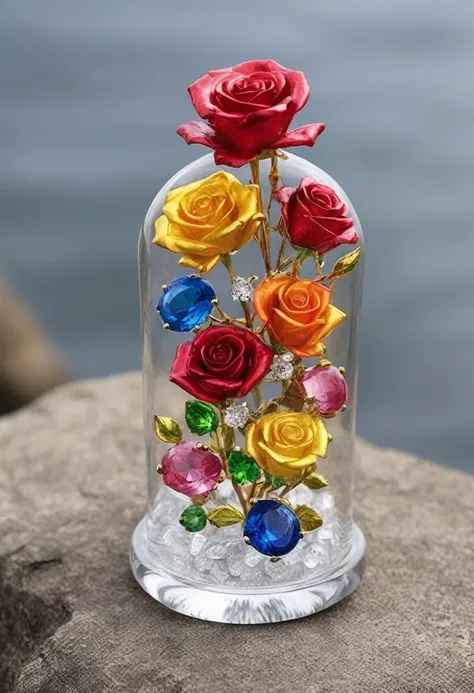 image of, close,  flowermd_jewelry,chinese_sp style,colorful roses with gemstones and diamonds in a jar on rocks near a lake,wat...