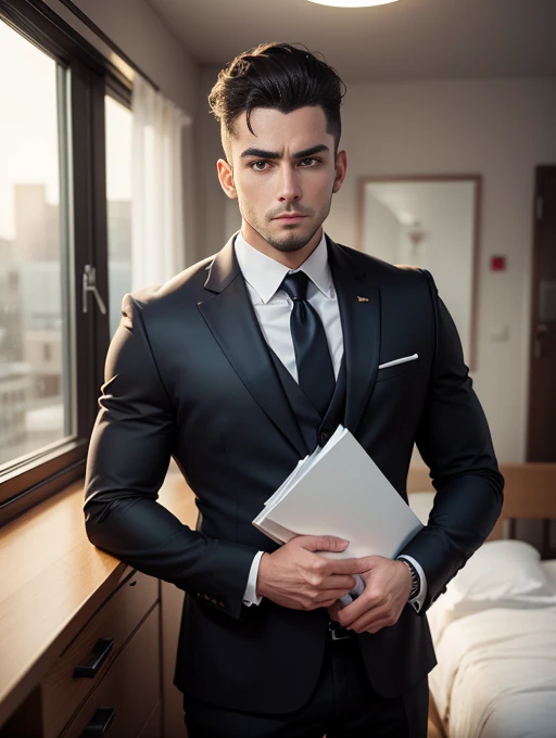 30 years old man, hair combed up, suit and tie, rosto simétrico, expression neutra, dark bedroom, moonlight coming through the window