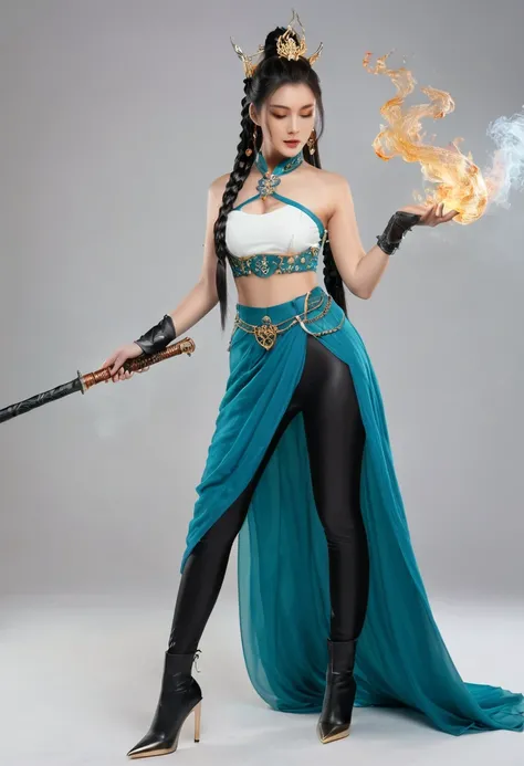 Full body shot of a beautiful Asian woman as she holds a master+ne elect rugai in her right hand, wearing an outfit inspired by water and fire elements, with teal blue leggings, a white top with gold details on the , and black high heel boots. She has long...