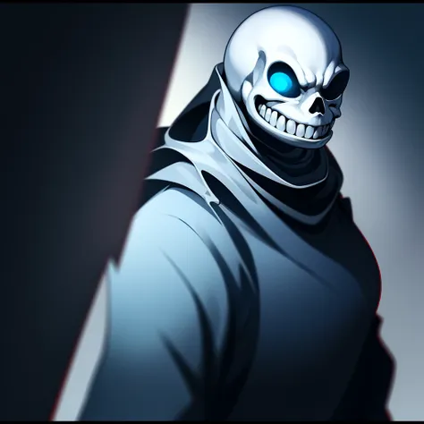 a white skeleton, killer sans, no eyes, black goop from eyes, angry expression, smiling, hands holding knife, wearing a blue jac...