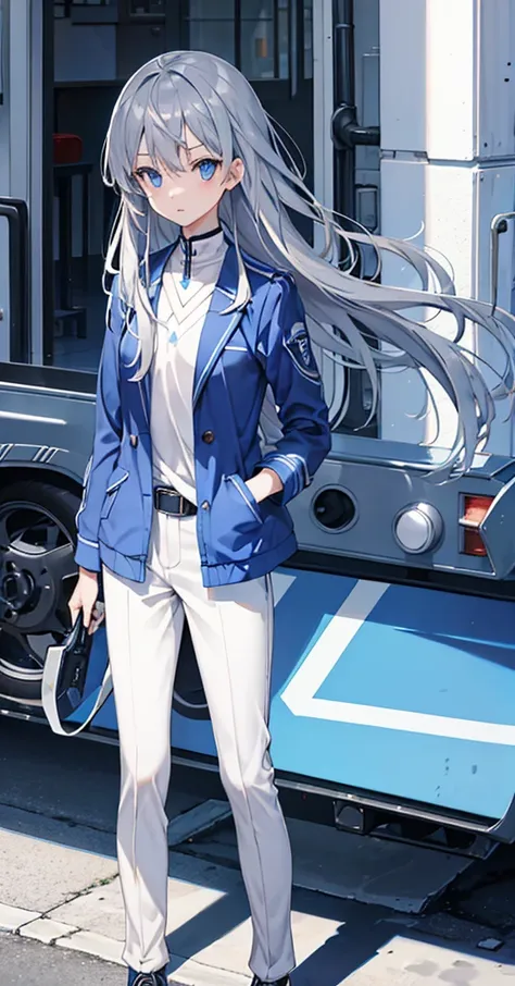 Girl，Gray Hair，Blue Eyes。Blue jacket and white long sleeves，Grey trousers，Technology，flat chest，Holding a sickle。