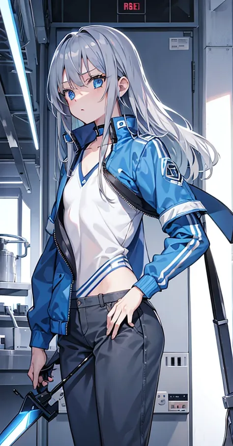 Girl，Gray Hair，Blue Eyes。Blue jacket and white long sleeves，Grey trousers，Technology，flat chest，Holding a sickle。