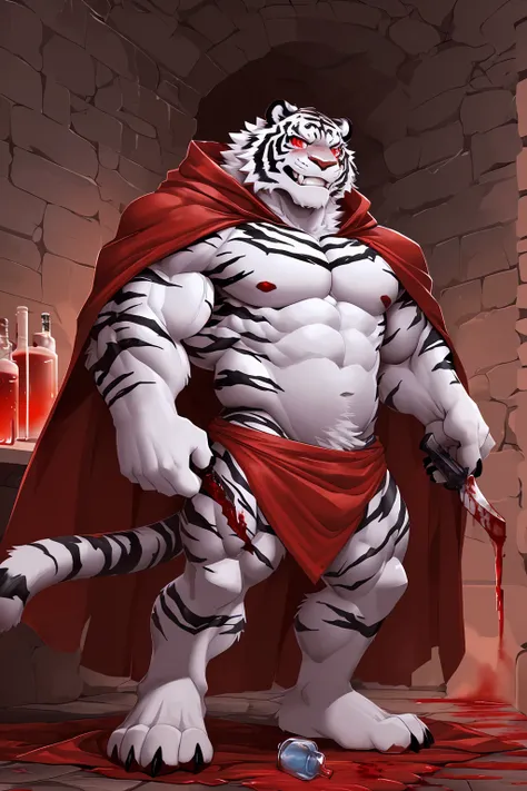 (sfw:1.5), male focus, pharmacist, Handsome 1boy, solitary，Back photo，single, (Black nails, Black claws, White feet, White feet底板:1.4), White hair, White skin, (Black tiger stripe:1.5), (Black tiger stripes on arms, Black tiger stripes on legs, Black strip...