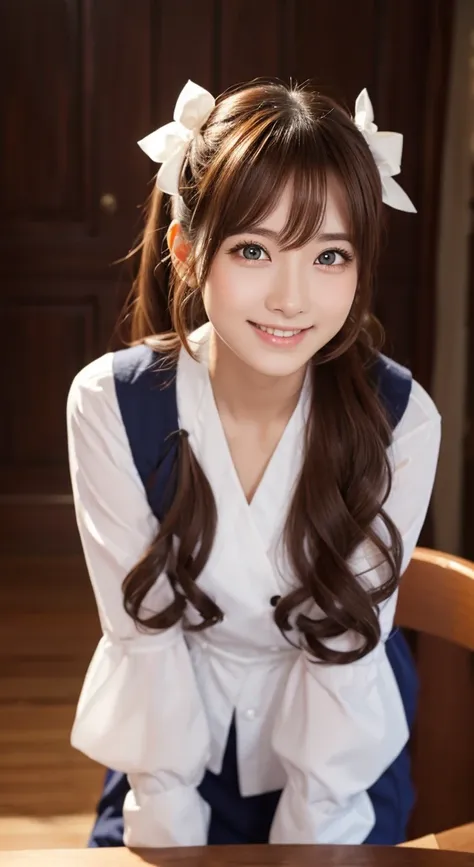 Super beautiful CG、One Girl, ponytail, smile, Brown Hair、Deep blue eyes、Big ribbon、