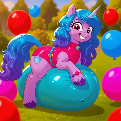 cinematic film still score_9, score_8_up, score_7_up, score_6_up, score_5_up, score_4_up, Digital art, cute, 
Izzy Moonbow, earth pony, muscular, smirking, feral,
rating_questionable,
meadow, 
(balloon fetish, looner, sitting on a balloon, balloon sitting:...