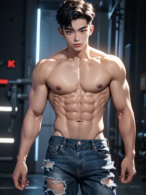 25 year old handsome korean, solo, (no shirt),no top wear ((show abs 6 pack)), black sagged jean, 