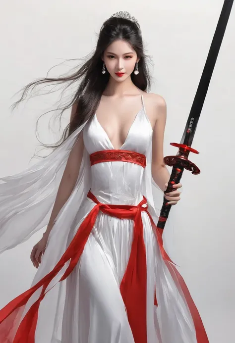 Girl with sword，Simple lines，（Naked 1:5），transparent，Big breasts，Cleavage，Minimalism，Holding a red long sword，