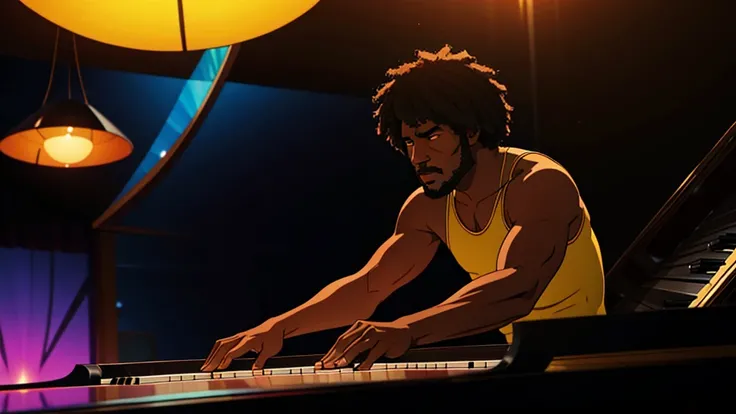 1970s, black man playing a piano, psychedelic atmosphere, cinematic action, masterpiece, super detail, textured skin, atmospheric perspective,