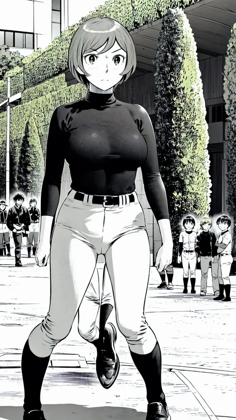 (野球uniform:1.2),
Blonde Hair, (short hair:1.2),Long sleeve, Black Shirt, turtleneck,White trousers、uniform、Black belt、((Illustration of people))、Big Boobs、
View Audience,, (Highest quality:1.3),One Girl, White pants、uniform、Outdoor、baseball ground、ground、s...