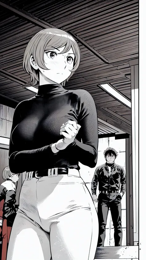 (野球uniform:1.2),
Blonde Hair, (short hair:1.2),Long sleeve, Black Shirt, turtleneck,White trousers、uniform、Black belt、((Illustration of people))、Big Boobs、
View Audience,, (Highest quality:1.3),One Girl, White pants、uniform、Outdoor、baseball ground、ground、s...