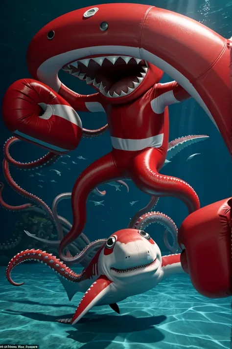 a shark with arms and legs, in a red boxing ring under the sea fighting a squid, also with arms and legs and with eight tentacles on the back, that they both have boxing gloves and that the image is in 3D