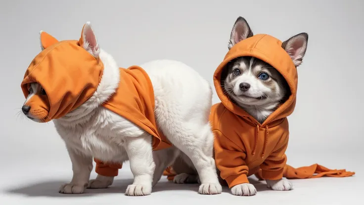 Create an image of just a Siberian Rusky puppy wearing an orange hoodie with lots of full body details on a white background