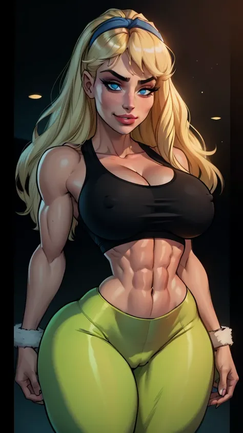 (gym), WITH YOUR BACK TO THE CAMERA,((ultra quality)), ((masterpiece)), supes, cute smile, smile, ((long blonde hair)), (Beautiful face), (beautiful female lips), charming, ((sexy facial expression)), (white skin color), (white skin), glare on the body, ((...