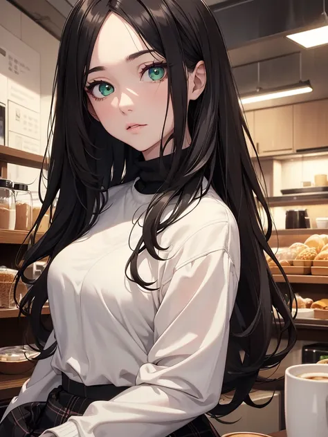 (8K, Best Quality, Masterpiece, Ultra High Resolution) 1 Girl, Beautiful Eyes, Face Details, Black Hair, Long Hair, Green Eyes, Pale Skin, Turtleneck Shirt, Plaid Skirt, Cafe, Tokyo, Best Quality, Upper Body, Looking at the Viewer, Facing Viewer, Close Up