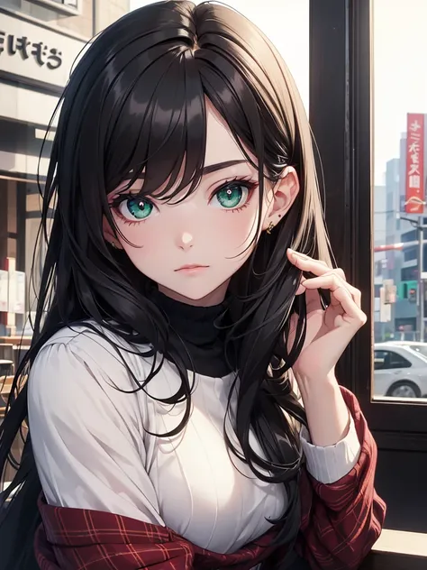 (8K, Best Quality, Masterpiece, Ultra High Resolution) 1 Girl, Beautiful Eyes, Face Details, Black Hair, Long Hair, Green Eyes, Pale Skin, Turtleneck Shirt, Plaid Skirt, Cafe, Tokyo, Best Quality, Upper Body, Looking at the Viewer, Facing Viewer, Close Up