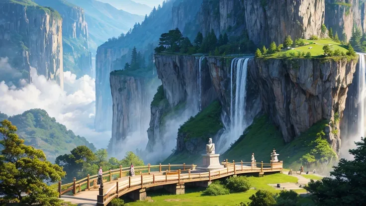 a large statue of a seated figure, looks like Buddha, is placed on a circular platform on a large rock surrounded by verdant landscape and steep cliffs. A waterfall can be seen on the left side in the background. Fog or low clouds cover the lower part of t...