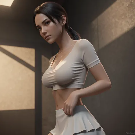 Best quality)), ((masterpiece)), (detailed:1.4), 3D, an image of a beautiful Gwen Tennyson age of 25 years wearing red white top as usual has hug boobs and ass and wearing short skirt that not covers her hips properly , in bent forward position exposing he...