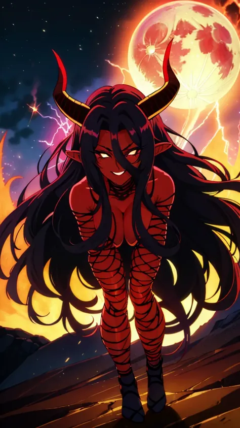 1girl,adult,fit,30s,sensual,black langerie,cleavage,medusa hair,pointy ears,black hair,long hair,(((red skin,colored skin))),night,moon,flying,evil smile,dynamic pose, horns,fire magic,full body