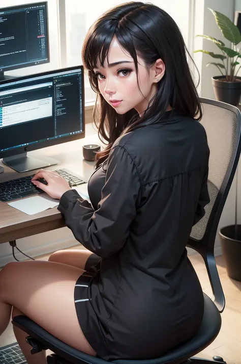 (best quality,4k,8k,highres,masterpiece:1.2),ultra-detailed,realistic:1.37,portrait,computer,earning money,working from home,sitting at desk,professional,serious, open shirt, cum all over her face,  expression,concentrated,focused,keyboard,mouse,desktop co...