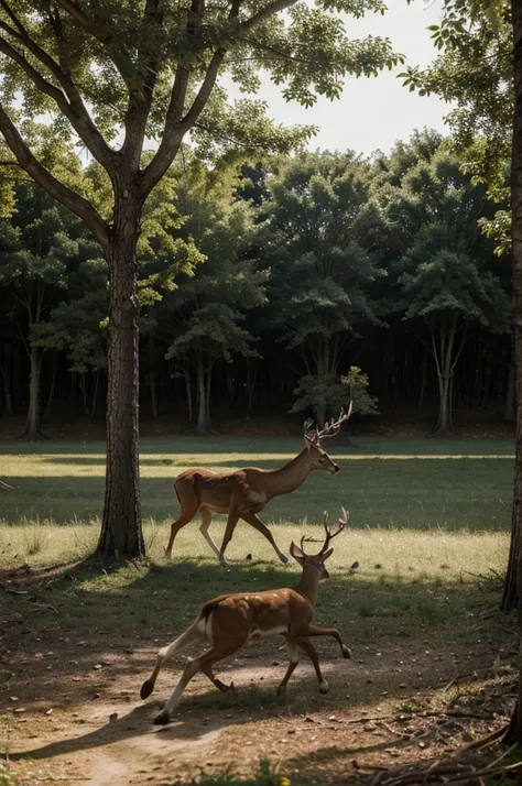 MAN WITH A SNAKE TAIL CHASING A DEER IN A FOREST FULL OF LUXURY TREES