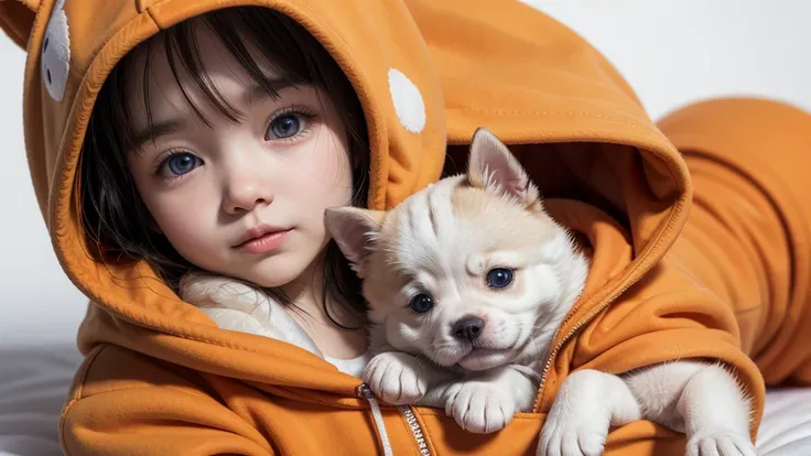  Siberian Rusky puppy wearing an orange hoodie with many details on a white background