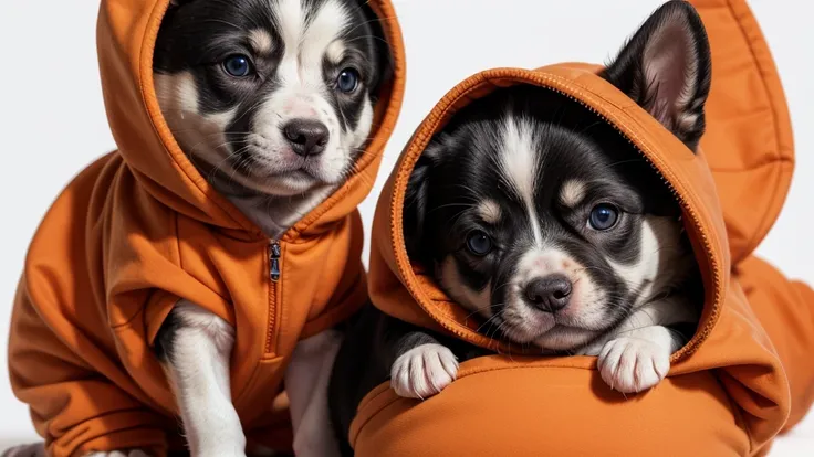  Siberian Rusky puppy wearing an orange hoodie with many details on a white background