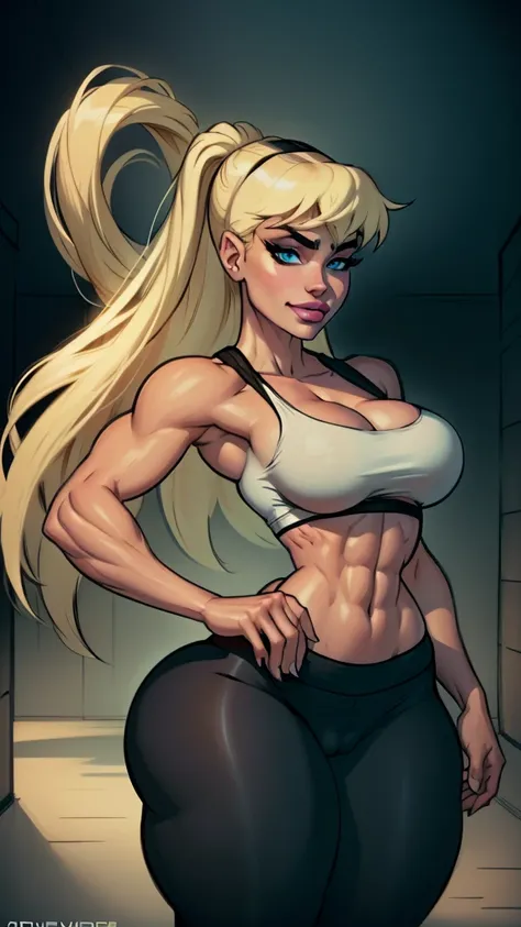 (gym), WITH YOUR BACK TO THE CAMERA,((ultra quality)), ((masterpiece)), supes, cute smile, smile, ((long blonde hair)), (Beautiful face), (beautiful female lips), charming, ((sexy facial expression)), (white skin color), (white skin), glare on the body, ((...