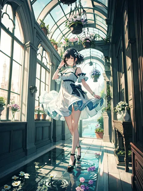 The combination of women and flowers，Colorful，dream，conservatory，glass building，water surface，a girl，There are many flowers on the body，dynamic poses，looking into camera，As if he had something to say