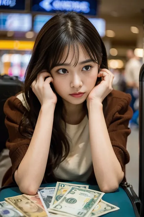 A beautiful young woman holding her head in distress, surrounded by foreign currency and travel items. She is sitting at an airport or in a hotel room, looking worried and confused. The background includes a suitcase, passport, and various international ba...