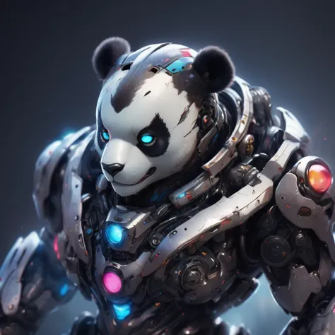 a giant adult-faced furry panda in robot armor, highy detailed, drawn image, complex machinery, futuristic design, glare eyes, dynamic pose, dramatic lighting, swirly vibrant colors, film composition, (best qualityer, 4K, 8K, high resolution, Masterpiece a...