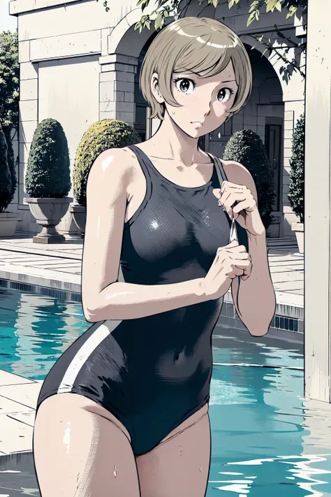 Blue school swimsuit、(masterpiece、Highest quality)、Highest quality, Ultra-high resolution, (((masterpiece))), alone, Sweat、Big eyes, Composition from the front、Shortcuts、Embarrassed face、Blonde、Cut your hair short、School swimming pool、short hair、Pussy Line...