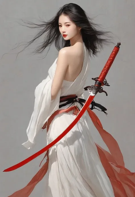 Girl with sword，Simple lines，nude，Big ，Soft and lazy，Holding a red long sword，