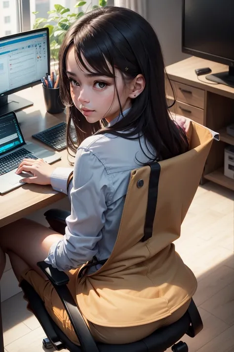 (best quality,4k,8k,highres,masterpiece:1.2),ultra-detailed,realistic:1.37,portrait,computer,earning money,working from home,sitting at desk,professional,serious, open shirt, cum all over her face,  expression,concentrated,focused,keyboard,mouse,desktop co...