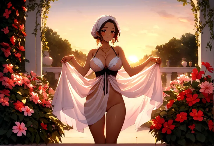 A lovely Malaysian woman (age 20, hijab no hair showing, busty, sheer summer dress (no underwear)), glamour poses in lavish garden at sunrise