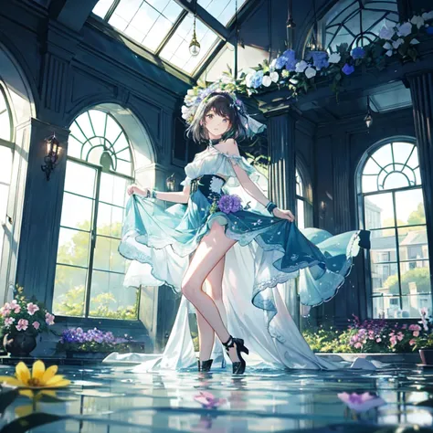 The combination of women and flowers，Colorful，dream，conservatory，glass building，water surface，((Ultra-high detail))，a girl，There are many flowers on the body，dynamic poses，looking into camera，As if he had something to say