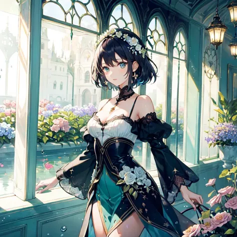 The combination of women and flowers，Colorful，dream，conservatory，glass building，water surface，((Ultra-high detail))，a girl，There are many flowers on the body，dynamic poses，looking into camera，As if he had something to say